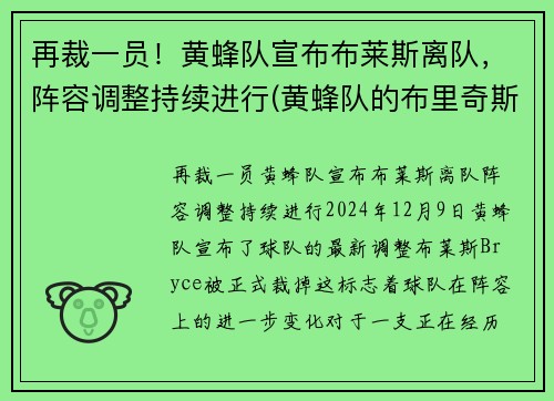 再裁一员！黄蜂队宣布布莱斯离队，阵容调整持续进行(黄蜂队的布里奇斯)