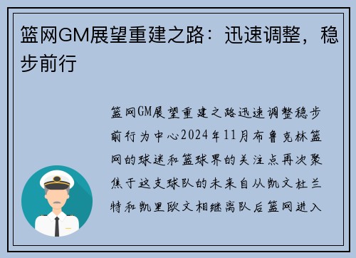 篮网GM展望重建之路：迅速调整，稳步前行
