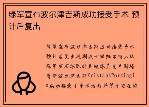绿军宣布波尔津吉斯成功接受手术 预计后复出