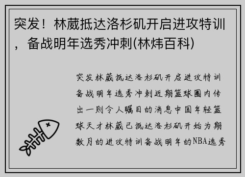 突发！林葳抵达洛杉矶开启进攻特训，备战明年选秀冲刺(林炜百科)