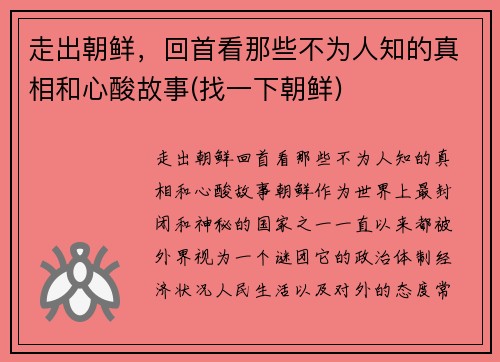 走出朝鲜，回首看那些不为人知的真相和心酸故事(找一下朝鲜)